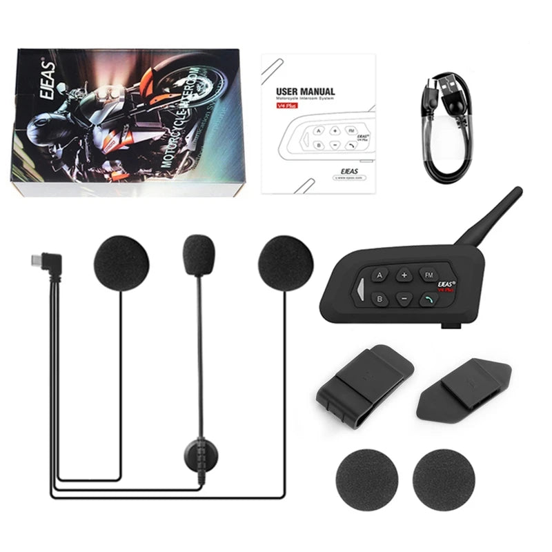 EJEAS Type-C V4 Plus Motorcycle Helmet Interphone Bluetooth 5.1 4-Way 1200M Intercom Headset FM Radio IP65 Waterproof