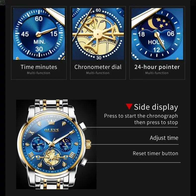 2856 Quartz Watch for Men Flywheel Skeleton Chronograph Moon Phase Multifunctional Stainless steel Men's Wristwatches