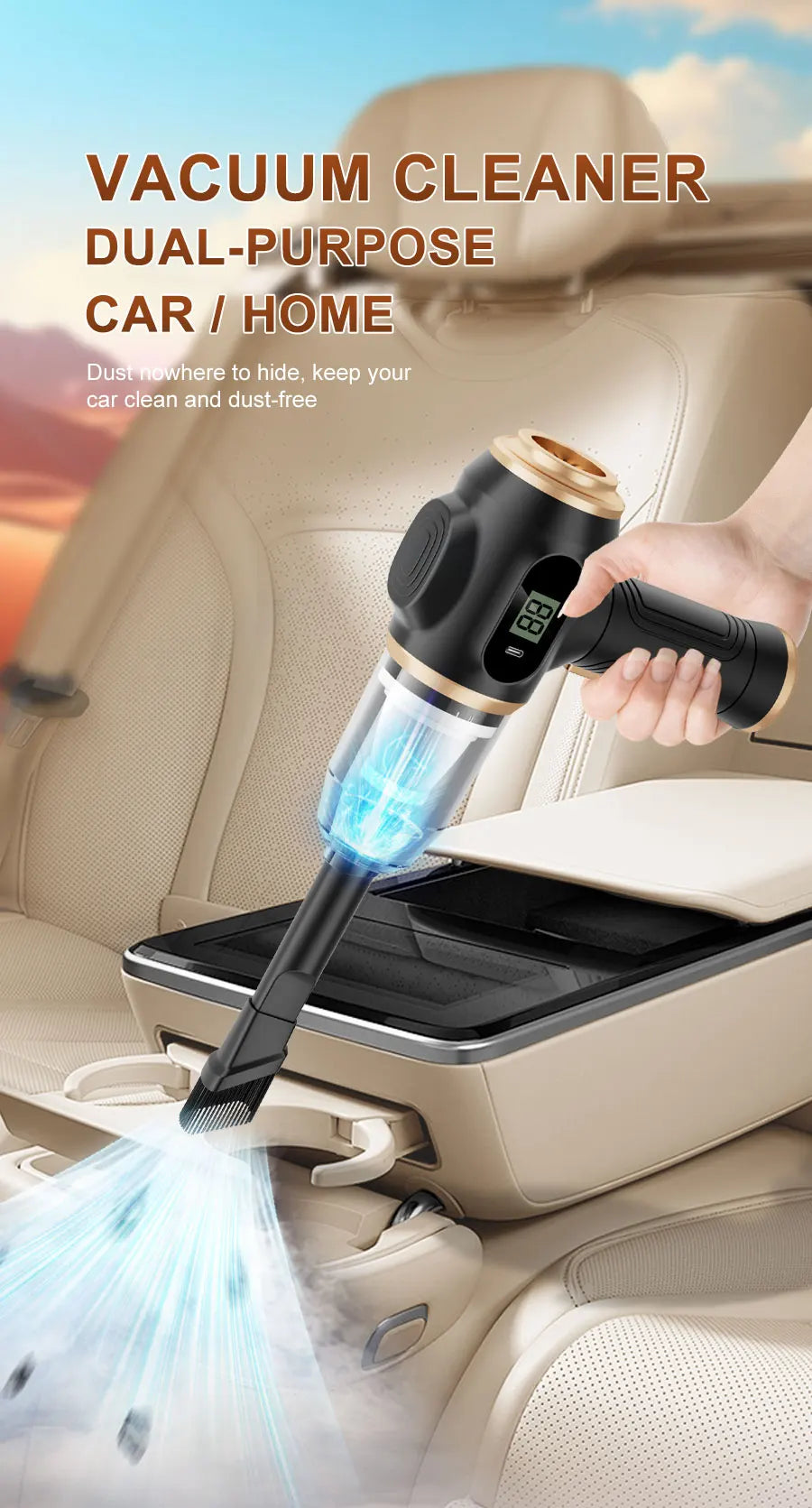 2-in-1 car vacuum cleaner and blower, high-powered suction for cleaning car seats/mats/trunk dust, portable
