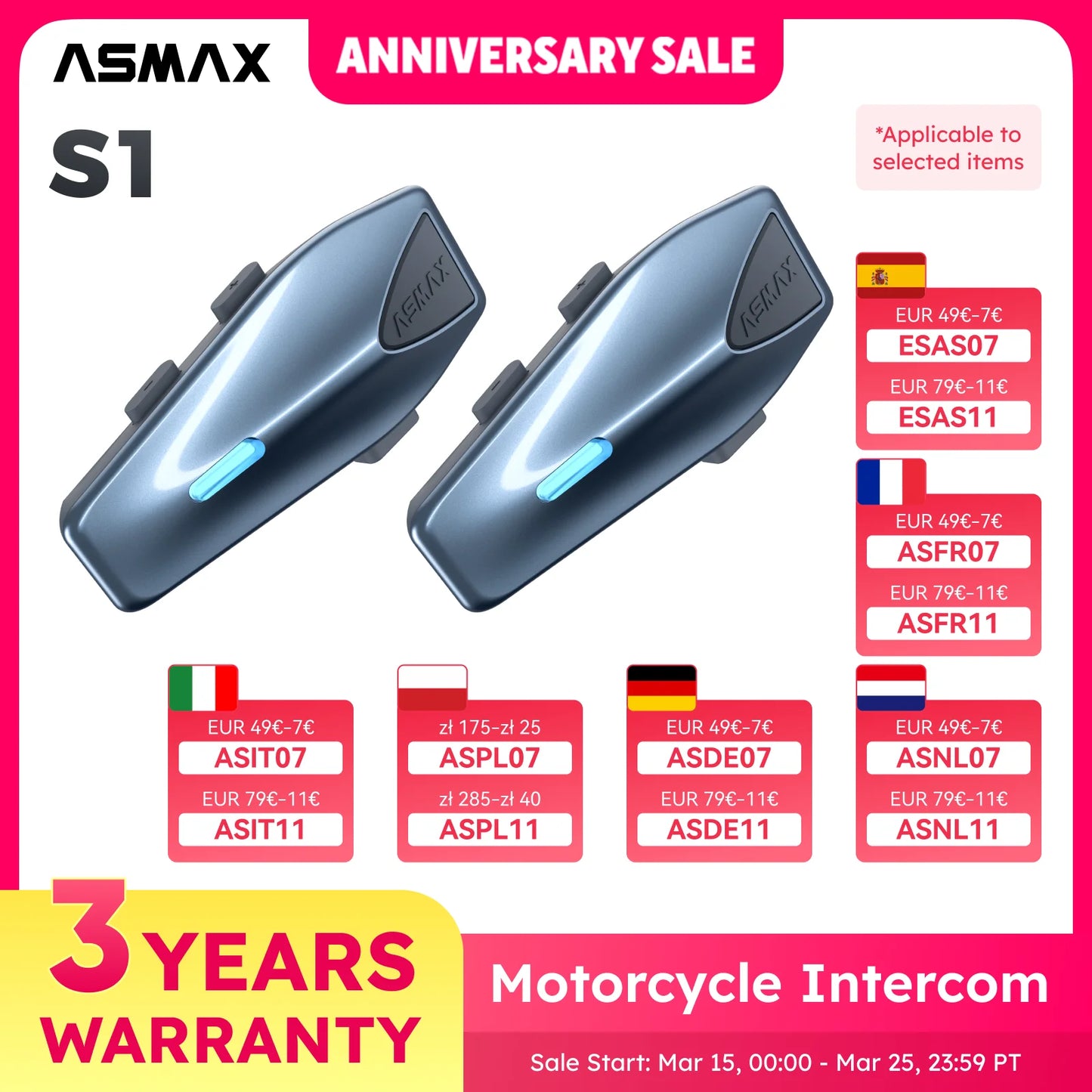 Blue S1 Motorcycle Intercom Helmet Mesh Group Communication, Voice Control Bluetooth Headset for Snowmobile, Ski & ATV
