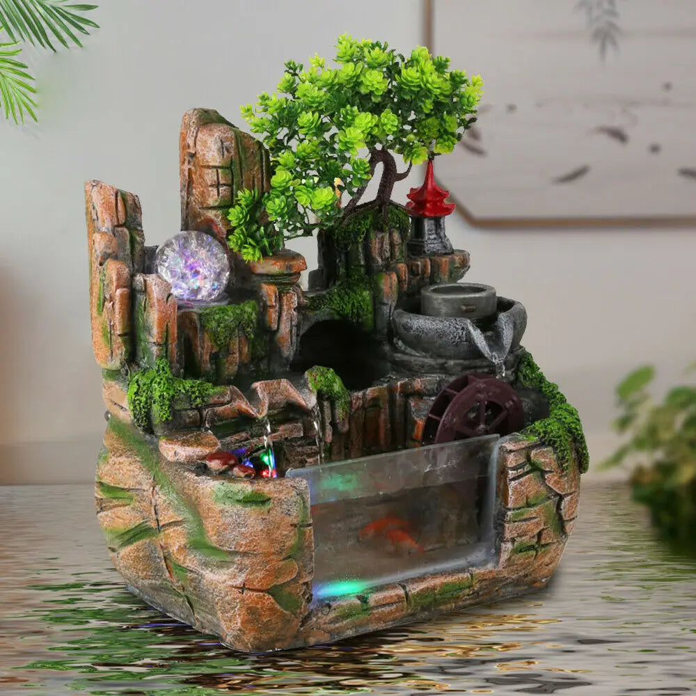 Table Decorations Tabletop Fountain Exquisite Gift Resin Tabletop Tiered Water Fountain LED Light Long Power Cord for office