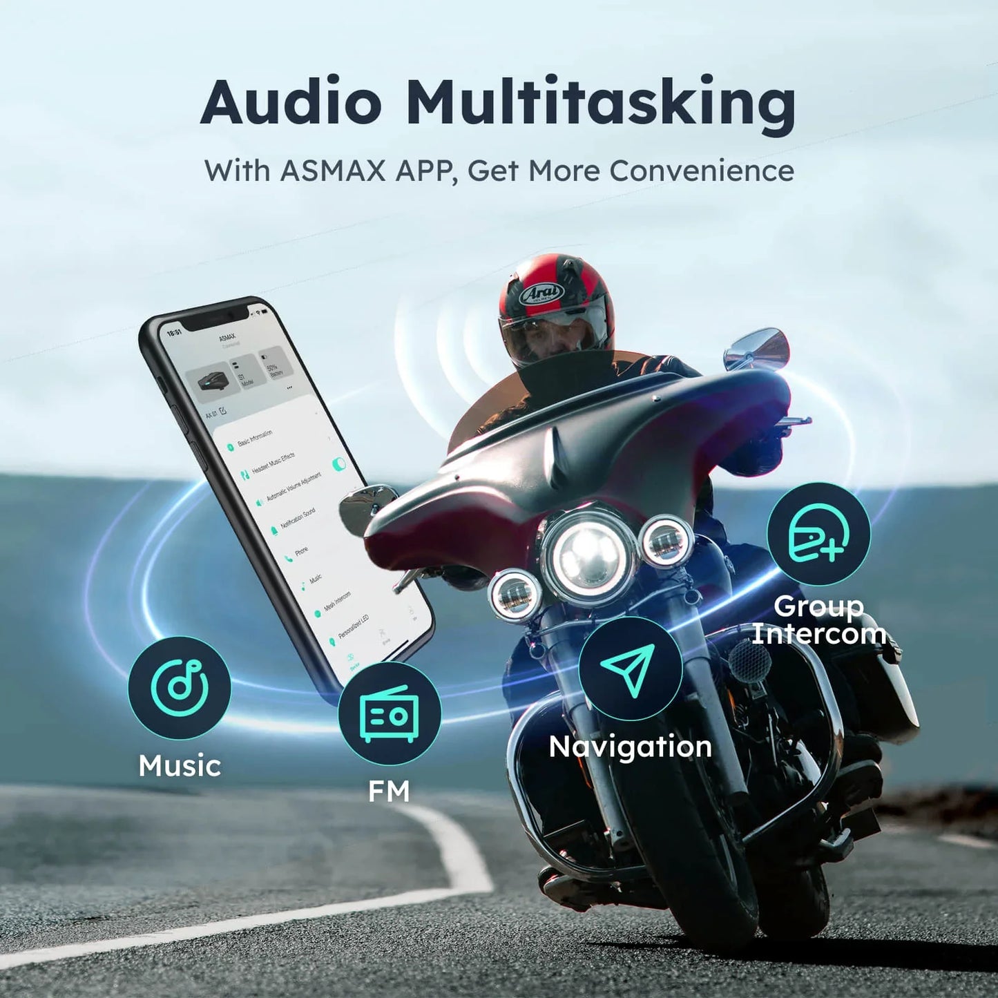 S1 Helmet Bluetooth Headset Voice Control Motorcycle Communication Systems 8 Riders Helmet Intercom with FM Radio ENC/IPX7
