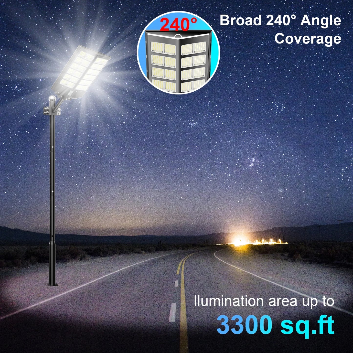 6000-watt waterproof solar street lights. Automatically turn on at dusk and are equipped with motion sensors. Suitable for comme