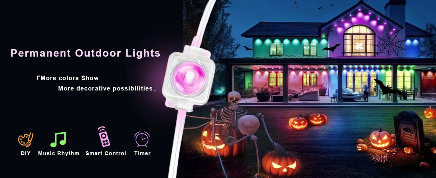 300FT Permanent Outdoor RGB Lights IP67 Waterproof Smart Eave Light DIY Scenes for House Roof Decor Christmas Holiday Daily