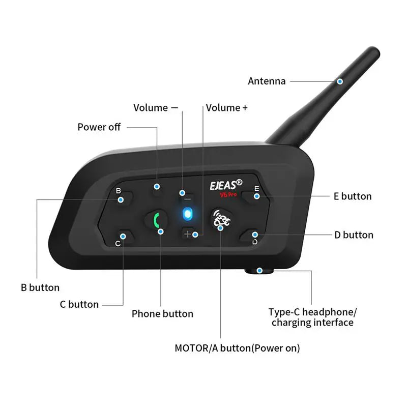 EJEAS  Motorcycle Intercom V6 PRO+ Helmet  6 Riders 800m Communicator Waterproof V5.1 Music Player Interphone Bluetooth Headset