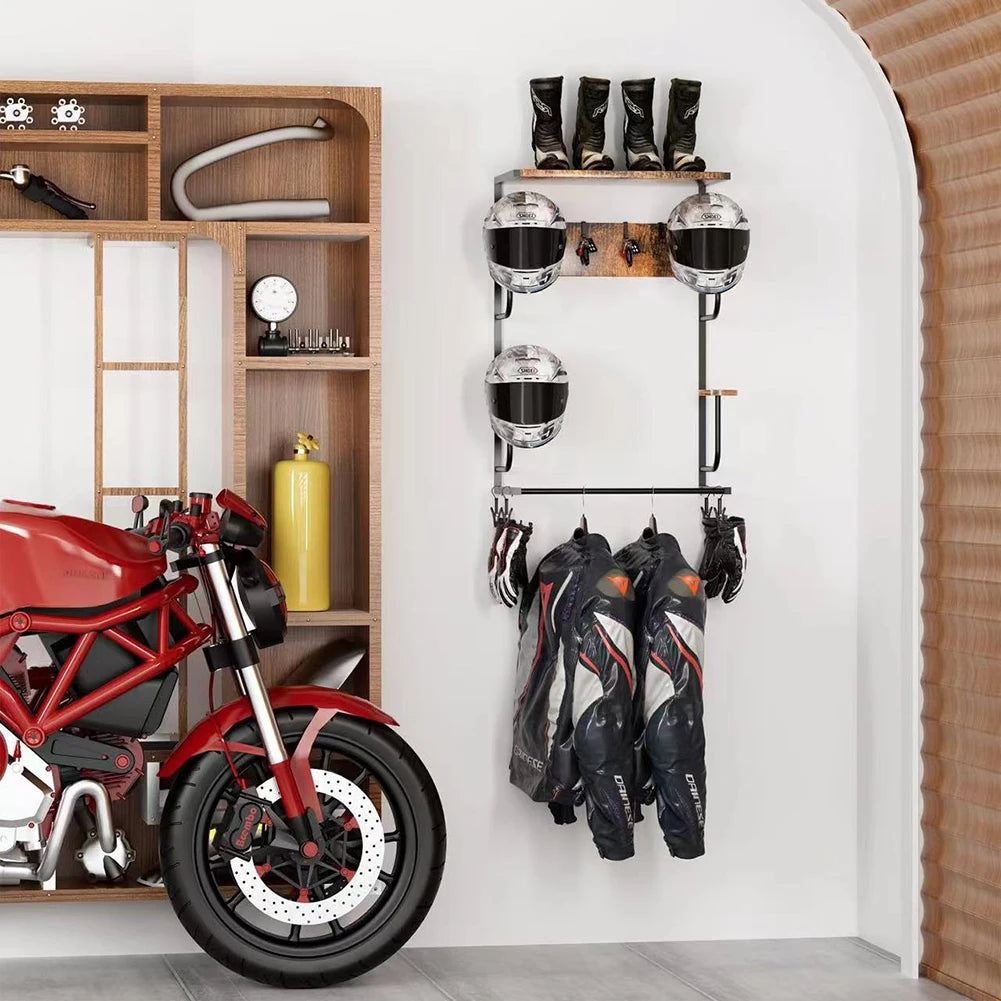 Motorcycle Helmet Holder, Wall-Mounted Rack With 4 Glove Chips & Hooks, Bike Helmets Storage Organizer For Helmets Gear Clothes