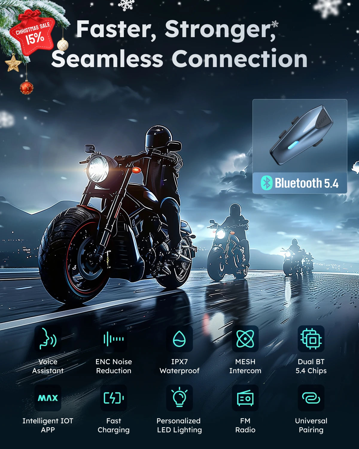 Blue S1 Motorcycle Intercom Helmet Mesh Group Communication, Voice Control Bluetooth Headset for Snowmobile, Ski & ATV