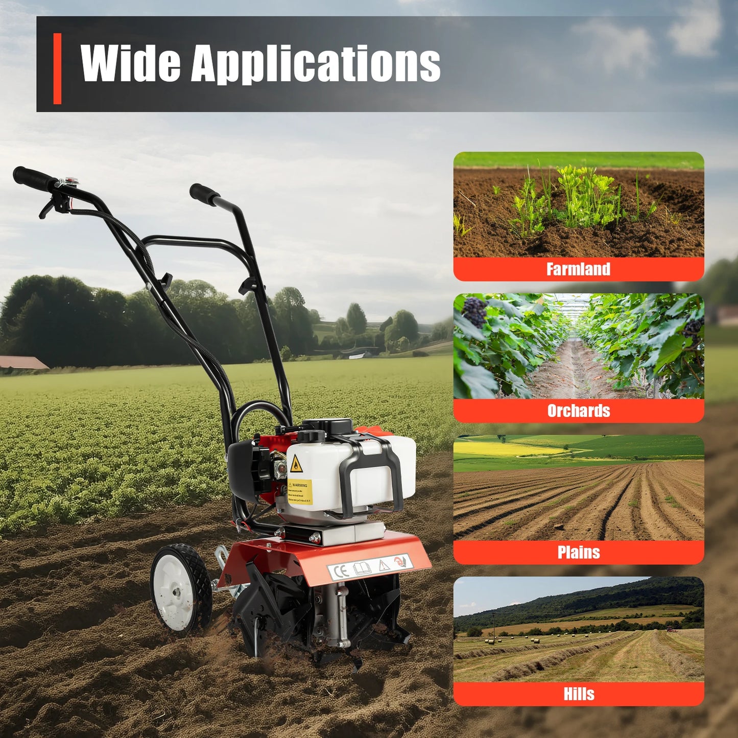 Powerful 52CC 1700W Garden Gasoline Tiller Cultivator Garden Loosening Soil Machine Gas Powered Tiller Cultivator Rototiller