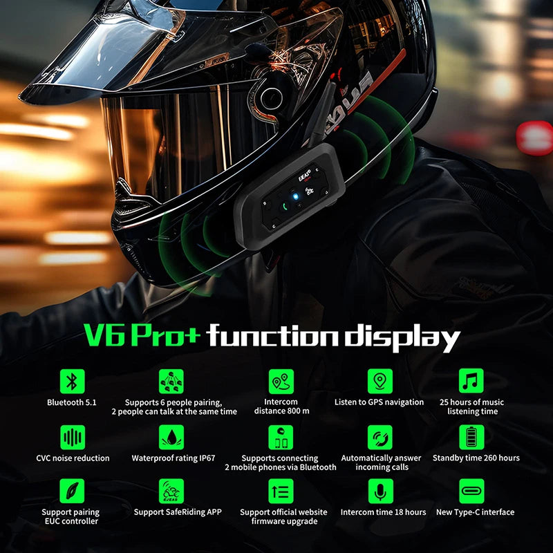 EJEAS  Motorcycle Intercom V6 PRO+ Helmet  6 Riders 800m Communicator Waterproof V5.1 Music Player Interphone Bluetooth Headset