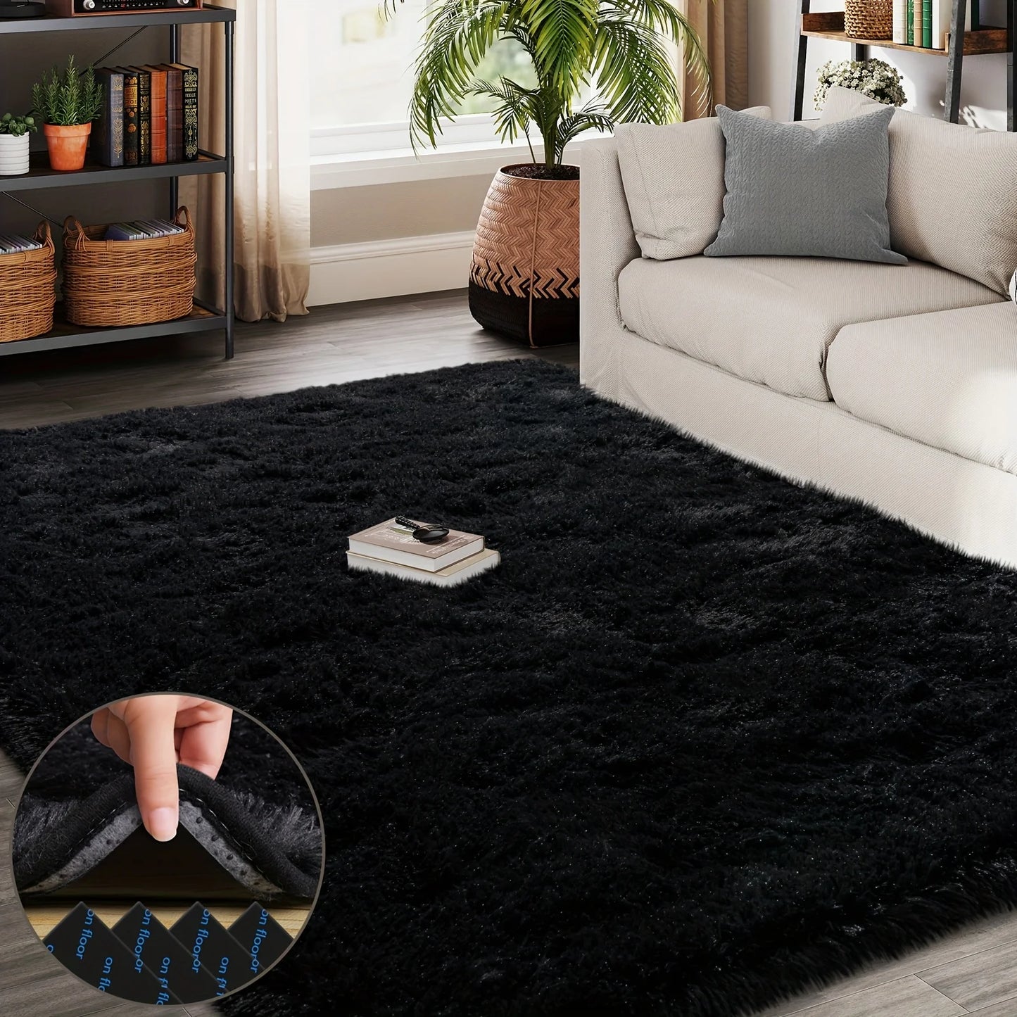 Large plush area rug, decorative rug for living room, super soft and fluffy plush rug for bedroom, home decor rug, black