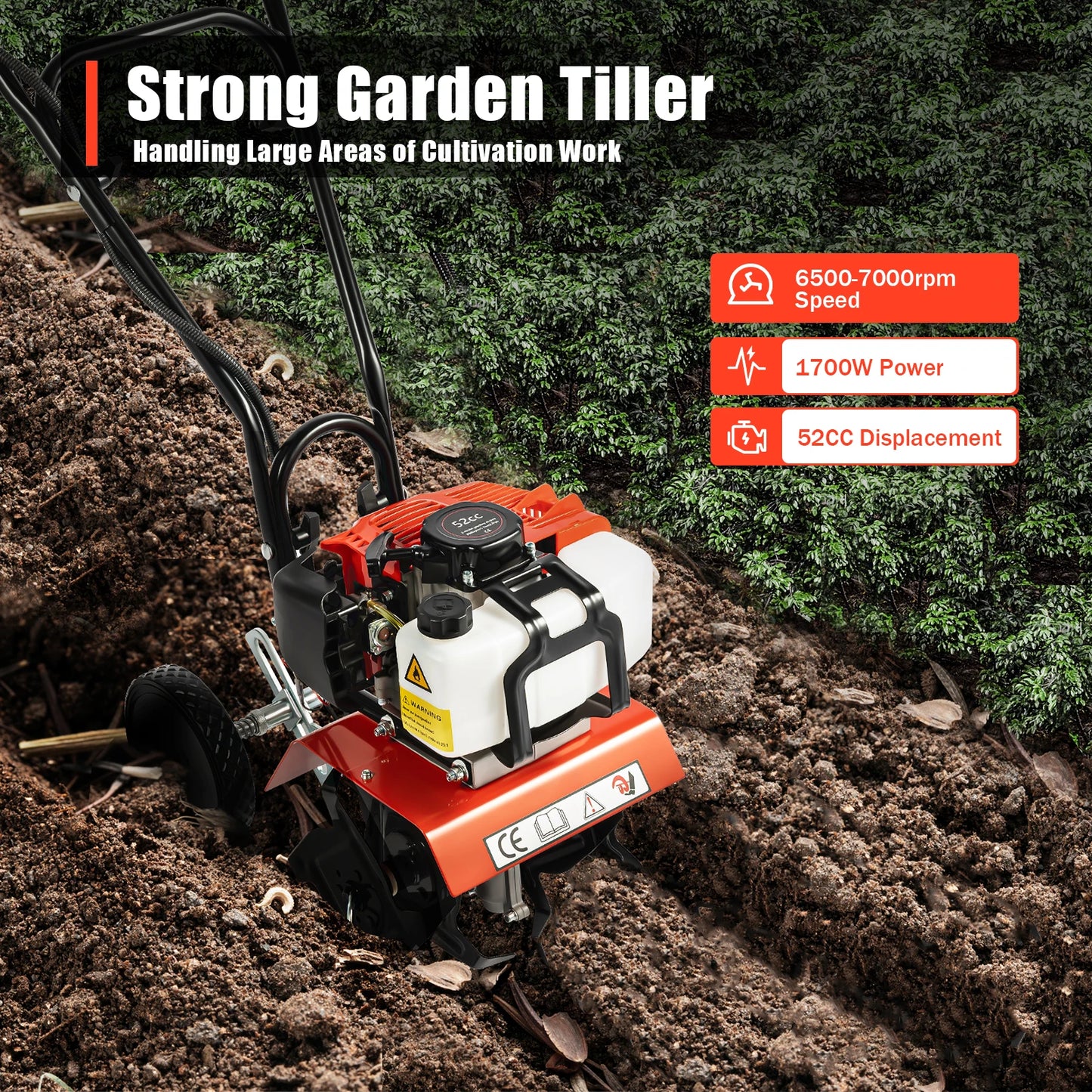 Powerful 52CC 1700W Garden Gasoline Tiller Cultivator Garden Loosening Soil Machine Gas Powered Tiller Cultivator Rototiller