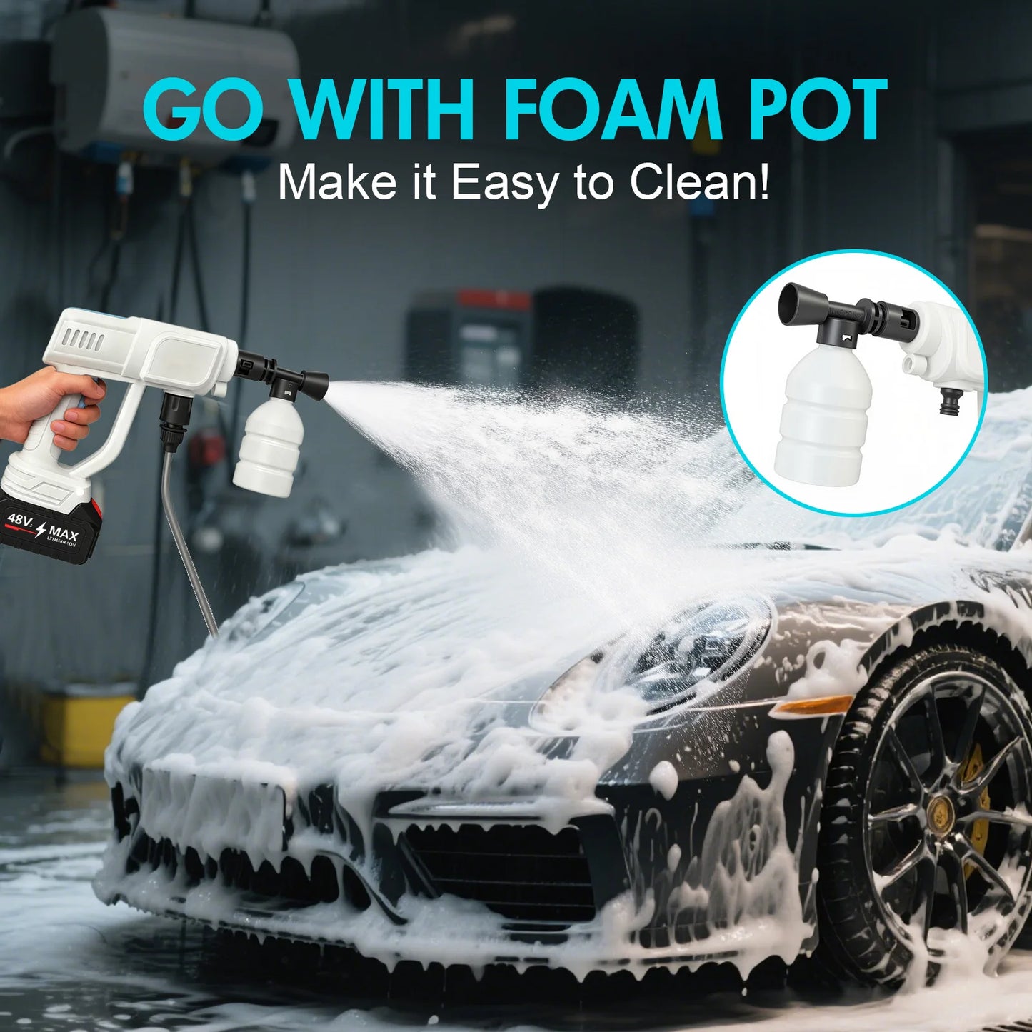Portable Cordless Pressure Washer 21V 970PSI High-Pressure Handheld Car Wash Water Gun 6-In-1 Nozzle 4.0Ah Battery for Car Patio