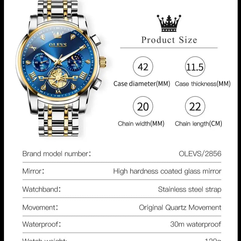 2856 Quartz Watch for Men Flywheel Skeleton Chronograph Moon Phase Multifunctional Stainless steel Men's Wristwatches