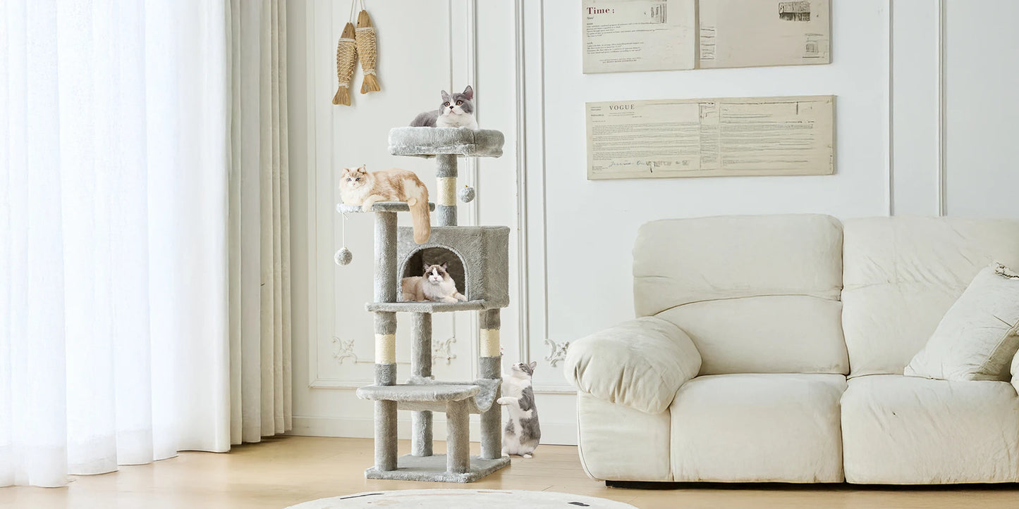 44In Cat Tree Tall Multi-Cat Climbing Tower for Pet Furniture Natural Sisal Scratching Posts Stable Pet House for Indoor Cat