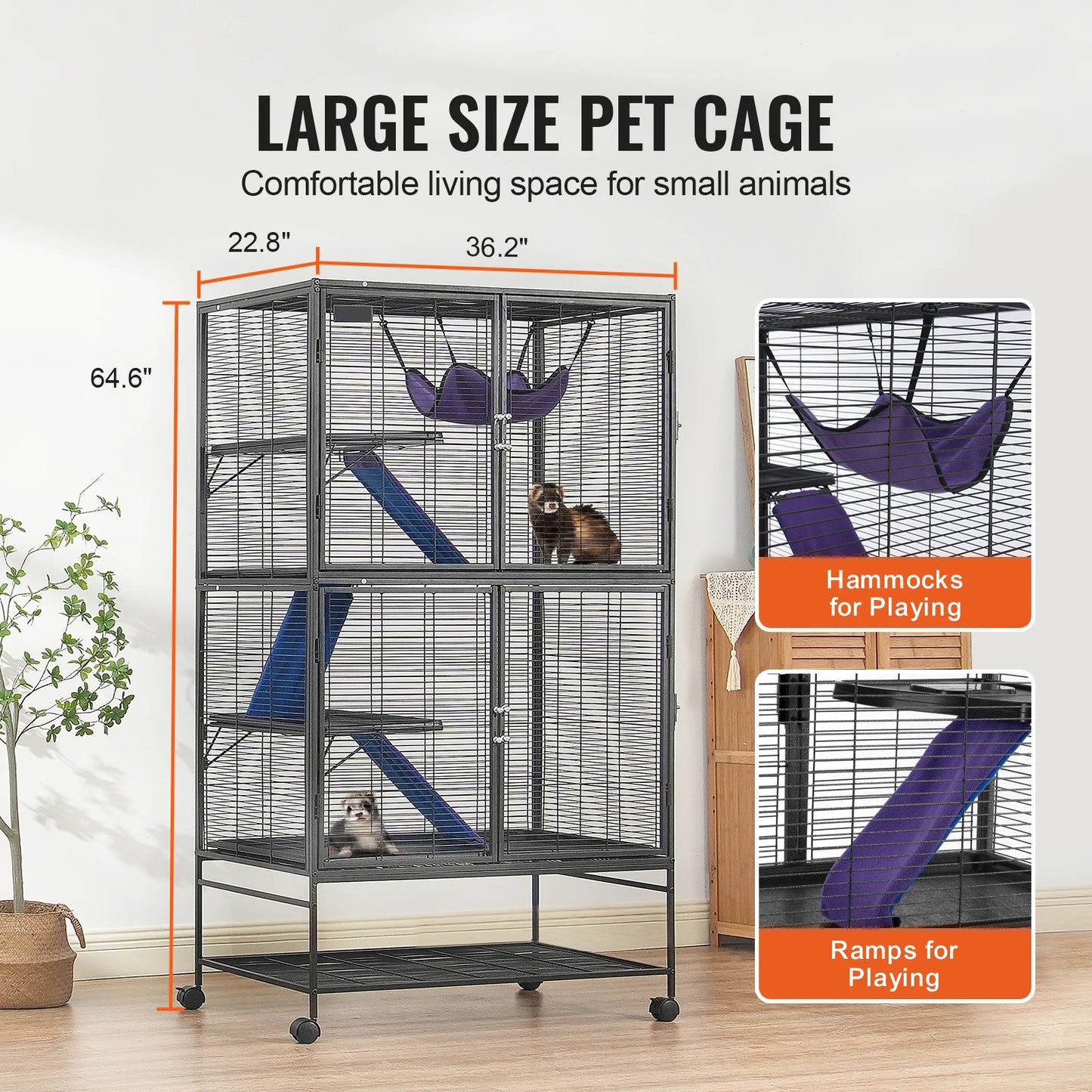 64.6" Rolling Metal Ferret Cage Large 4-Tier Critter Nation Cage Small Animal Cage for Pet Rats Hamster Guinea