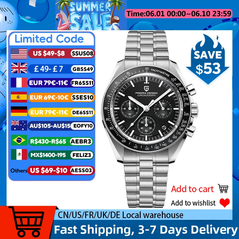 PAGANI DESIGN 2026 New Men's Watches Top Luxury Quartz Watch For Men Auto Date Speed Chronograph AR Sapphire Mirror Wrist watch