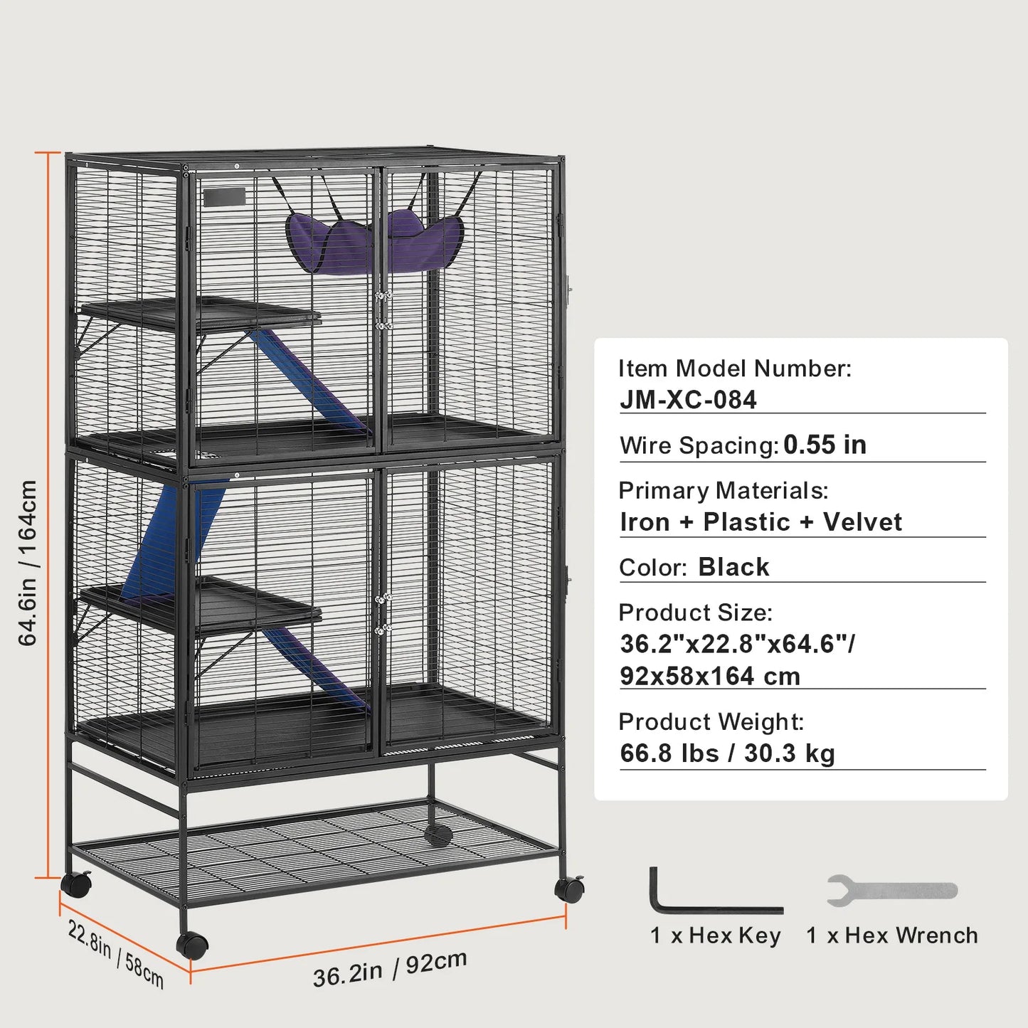 64.6" Rolling Metal Ferret Cage Large 4-Tier Critter Nation Cage Small Animal Cage for Pet Rats Hamster Guinea