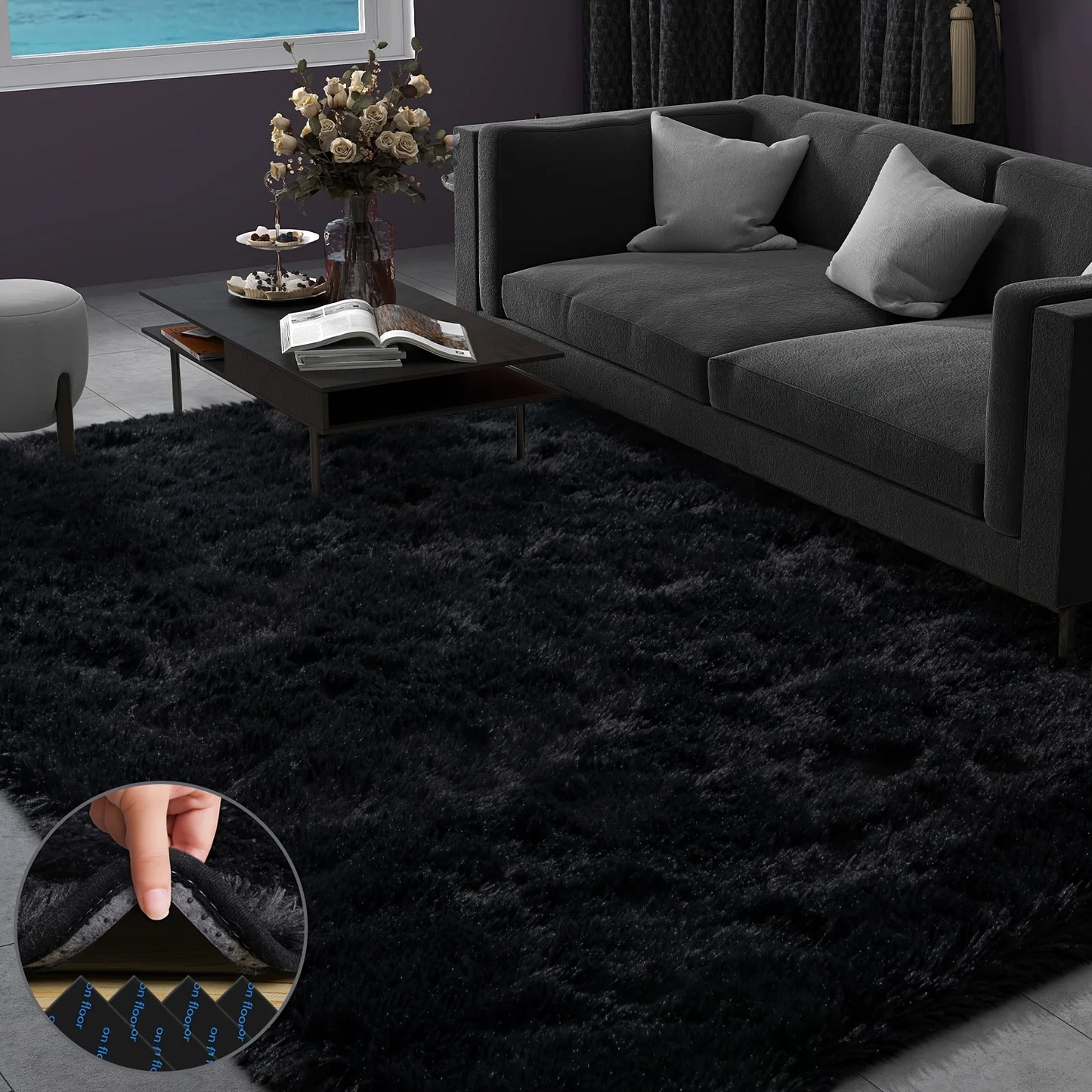 Large plush area rug, decorative rug for living room, super soft and fluffy plush rug for bedroom, home decor rug, black