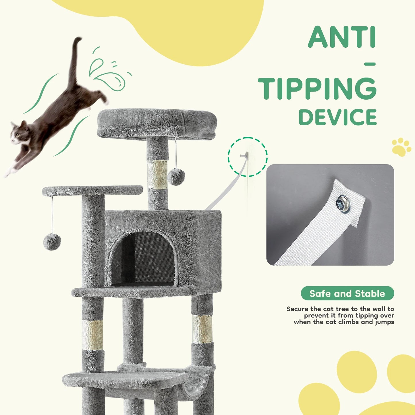 44In Cat Tree Tall Multi-Cat Climbing Tower for Pet Furniture Natural Sisal Scratching Posts Stable Pet House for Indoor Cat