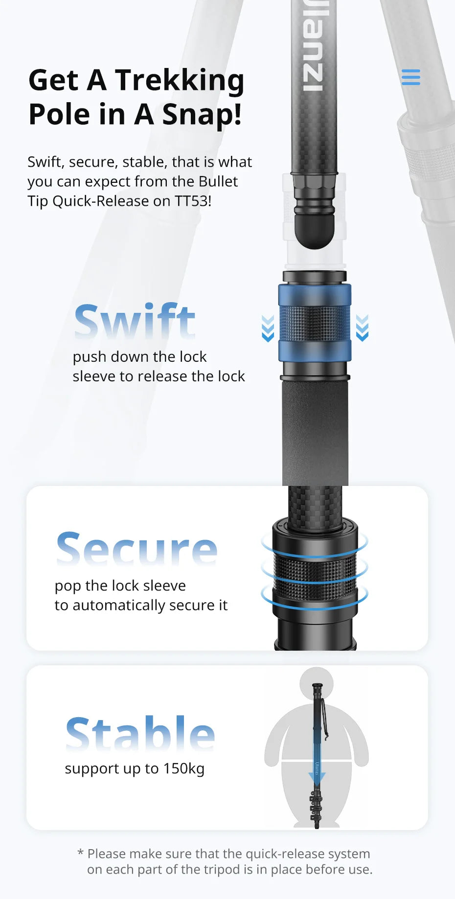 Ulanzi TT35 Hiking Stick Tripod Kit Quick Release Trekking Pole Monopod Selfie Stick Mini Tripod for Hiking Travel Outdoor Shoot