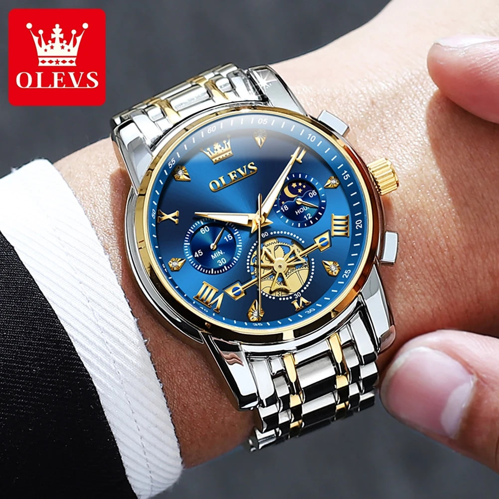 2856 Quartz Watch for Men Flywheel Skeleton Chronograph Moon Phase Multifunctional Stainless steel Men's Wristwatches