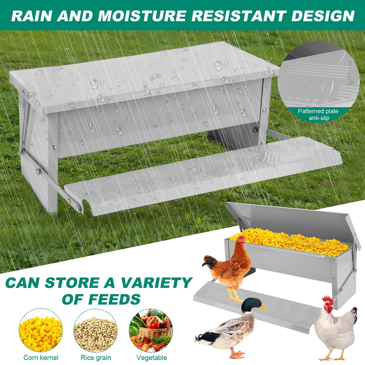 Treadle Chicken Feeder with Weatherproof Lid Rat Proof Chicken Feeder Metal Chicken Feeder for Chickens Ducks and Geese