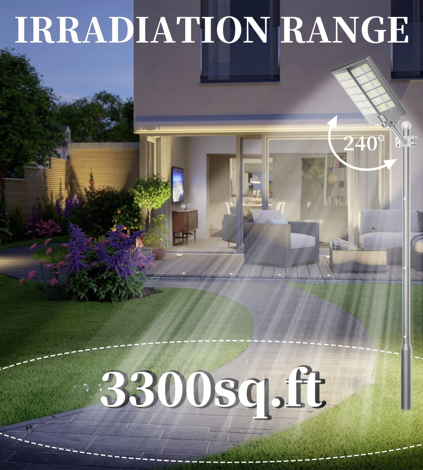 6000-watt waterproof solar street lights. Automatically turn on at dusk and are equipped with motion sensors. Suitable for comme