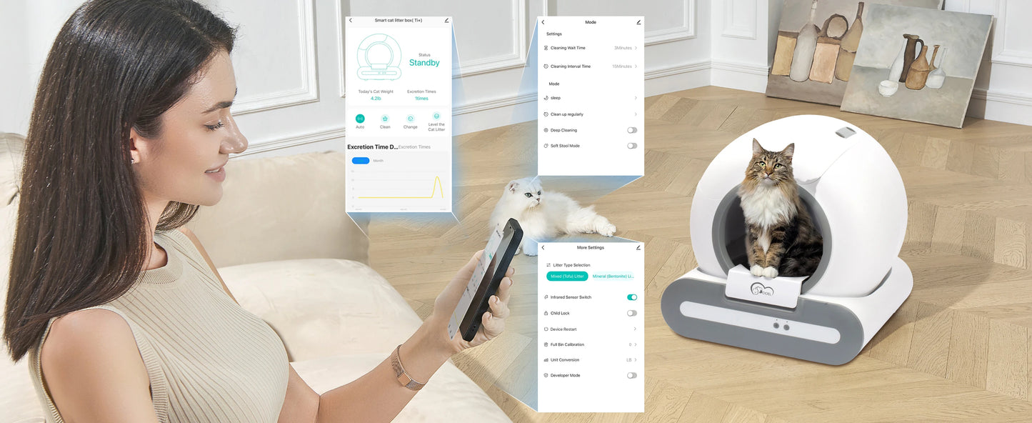 65L Self-Cleaning Cat Litter Box App Control, ONLY Supports 2.4G WiFi w/Litter Mat&Trash Bags, Fit for Tofu & Mixed Litter