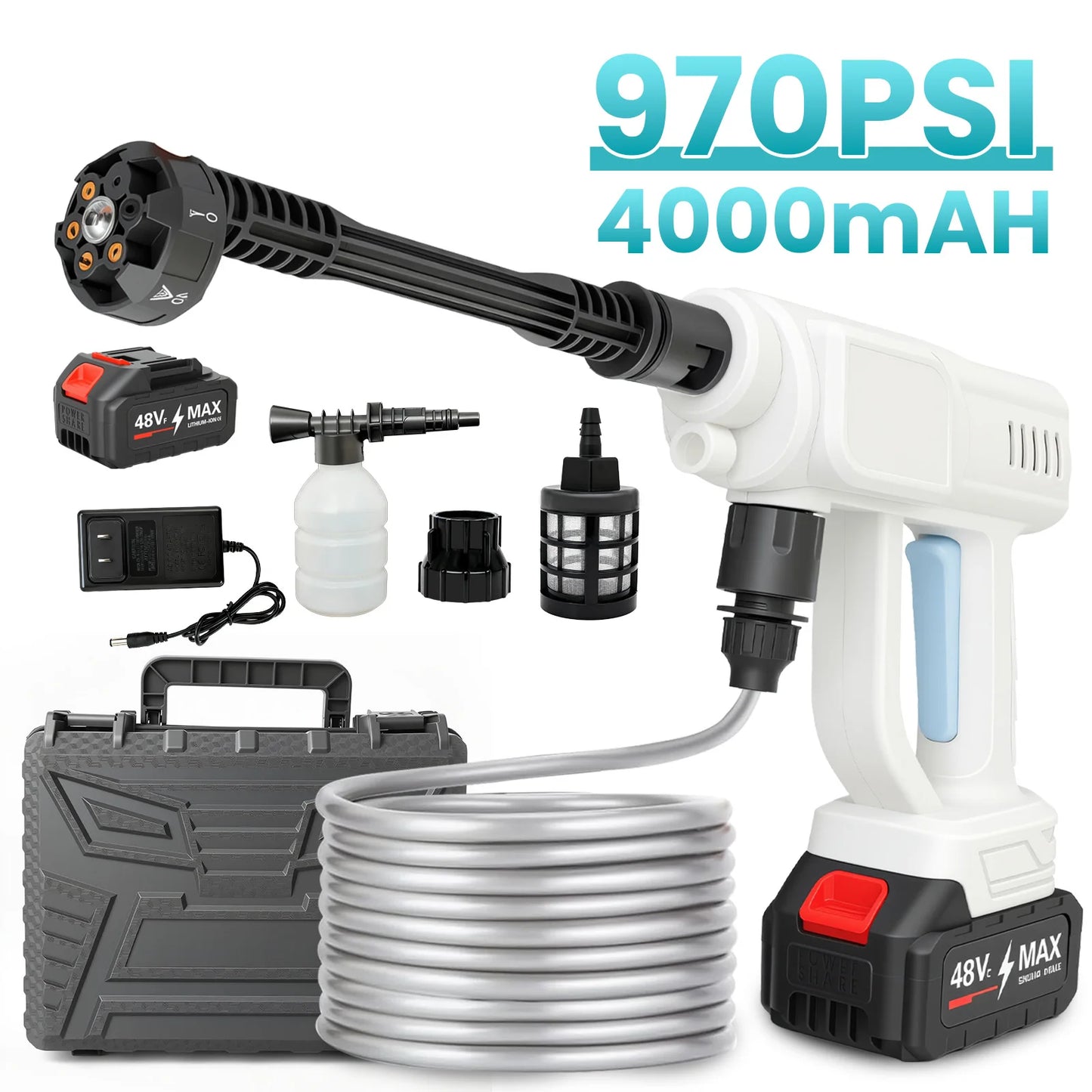 Portable Cordless Pressure Washer 21V 970PSI High-Pressure Handheld Car Wash Water Gun 6-In-1 Nozzle 4.0Ah Battery for Car Patio