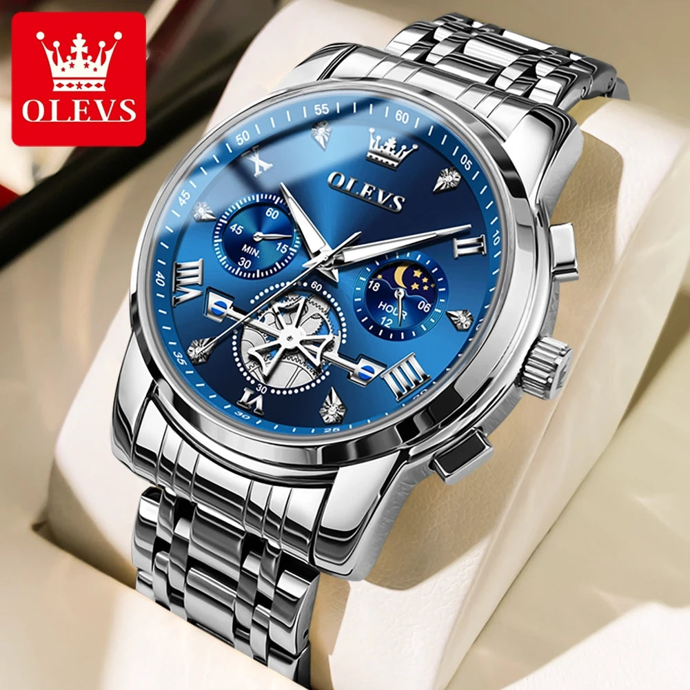 2856 Quartz Watch for Men Flywheel Skeleton Chronograph Moon Phase Multifunctional Stainless steel Men's Wristwatches