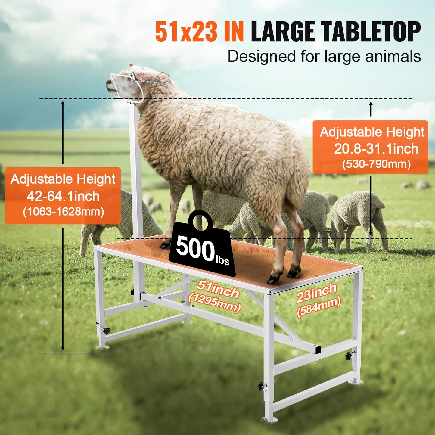 Goat Sheep Stand 51x23in Livestock Stand Metal Livestock Milking and Shearing Stand 21" to 33" Adjustable Height White