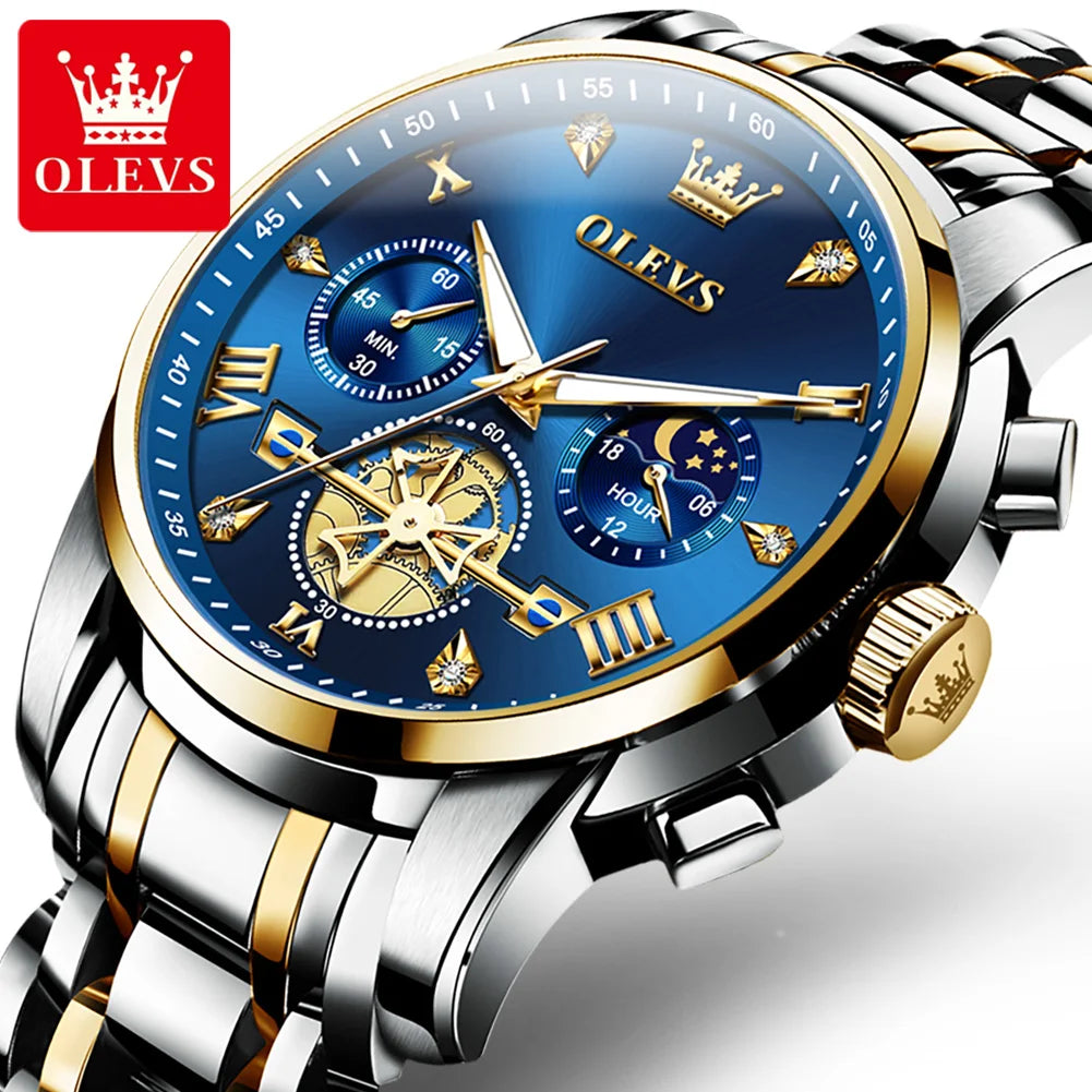 2856 Quartz Watch for Men Flywheel Skeleton Chronograph Moon Phase Multifunctional Stainless steel Men's Wristwatches