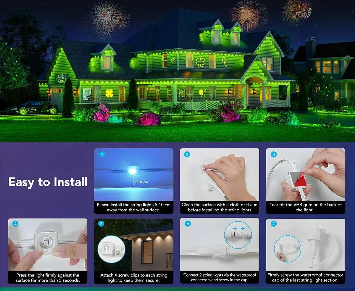300FT Permanent Outdoor RGB Lights IP67 Waterproof Smart Eave Light DIY Scenes for House Roof Decor Christmas Holiday Daily