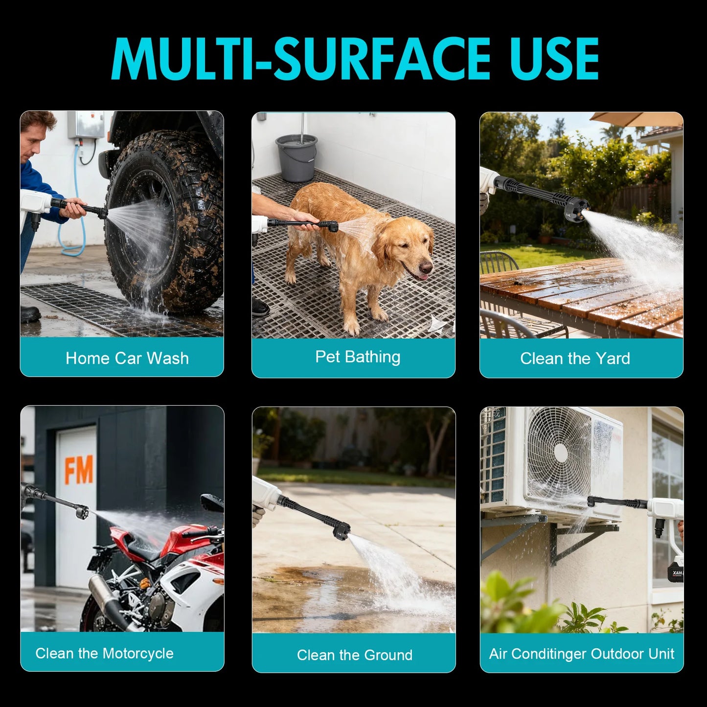 Portable Cordless Pressure Washer 21V 970PSI High-Pressure Handheld Car Wash Water Gun 6-In-1 Nozzle 4.0Ah Battery for Car Patio