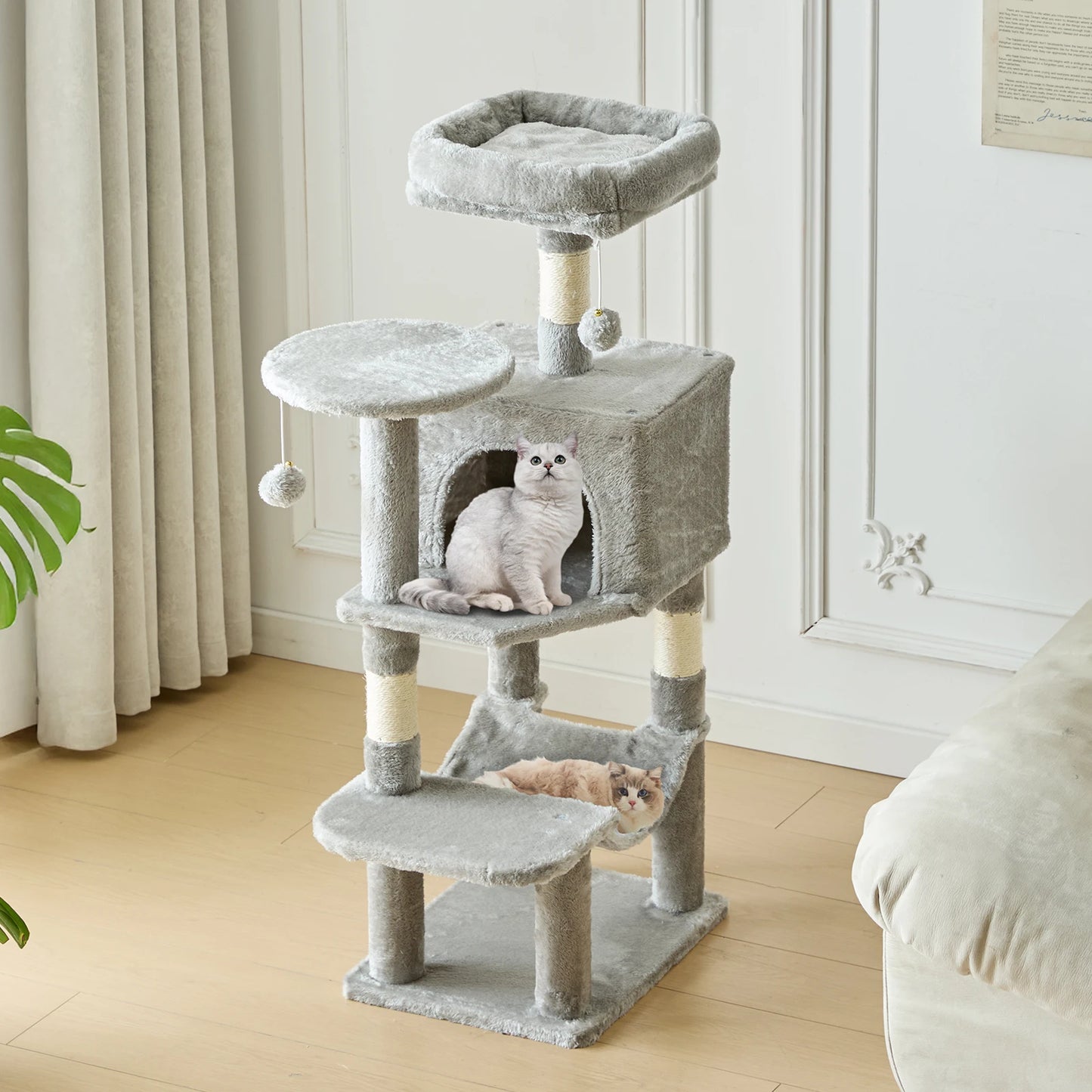 44In Cat Tree Tall Multi-Cat Climbing Tower for Pet Furniture Natural Sisal Scratching Posts Stable Pet House for Indoor Cat