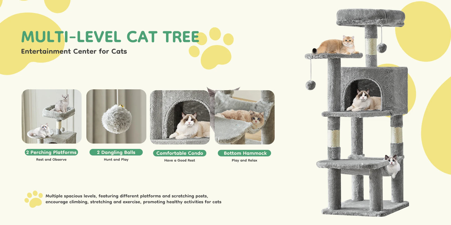 44In Cat Tree Tall Multi-Cat Climbing Tower for Pet Furniture Natural Sisal Scratching Posts Stable Pet House for Indoor Cat