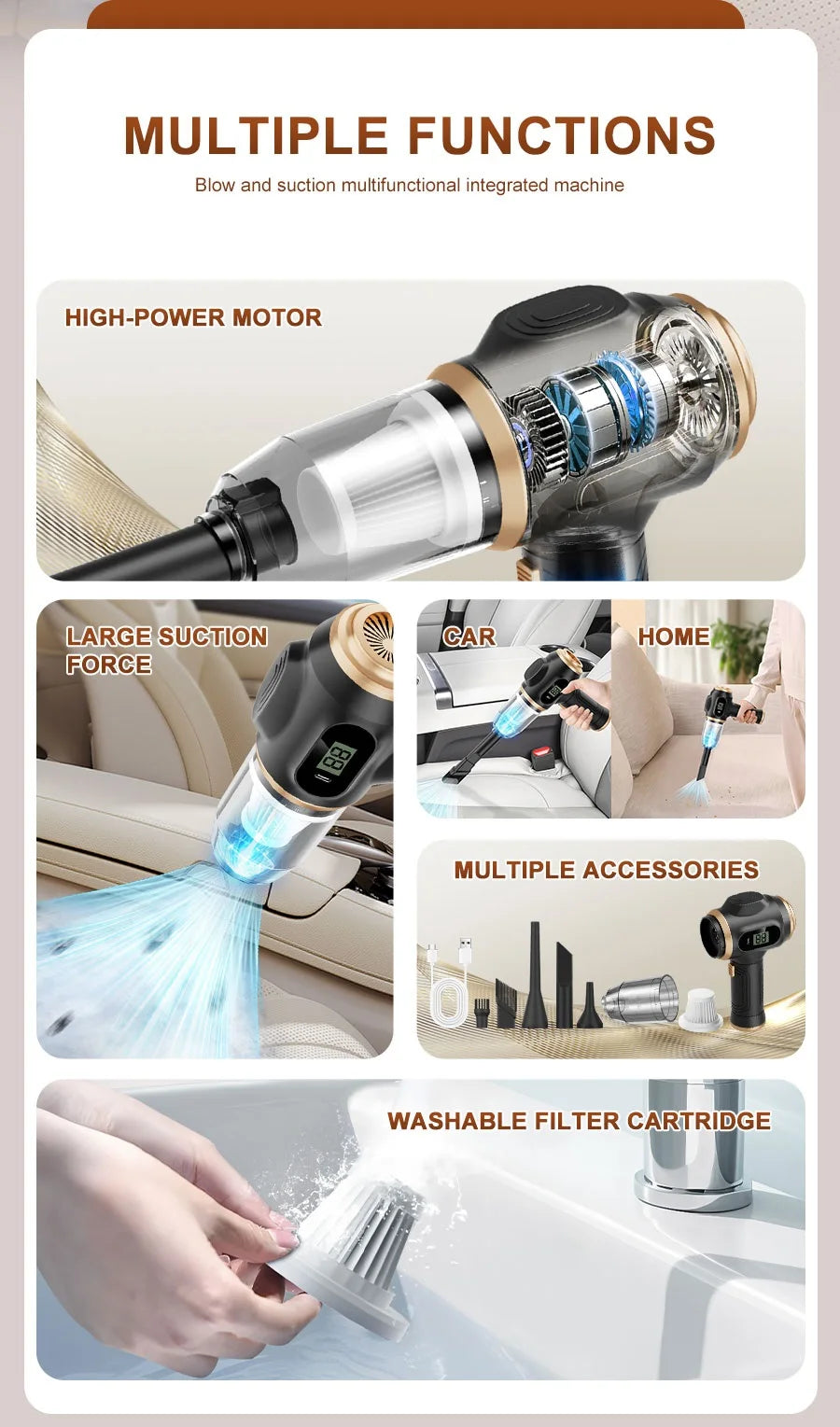2-in-1 car vacuum cleaner and blower, high-powered suction for cleaning car seats/mats/trunk dust, portable