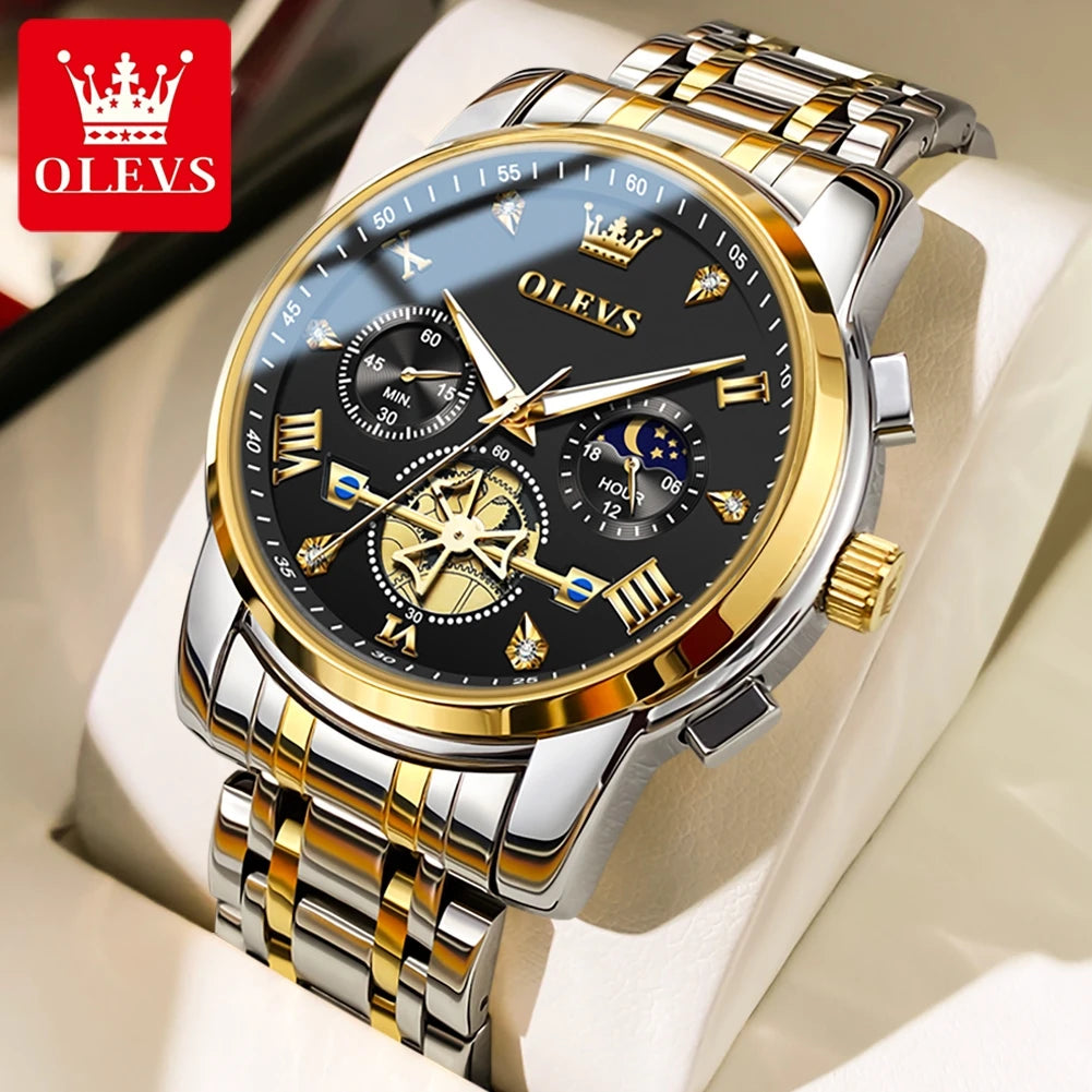 2856 Quartz Watch for Men Flywheel Skeleton Chronograph Moon Phase Multifunctional Stainless steel Men's Wristwatches