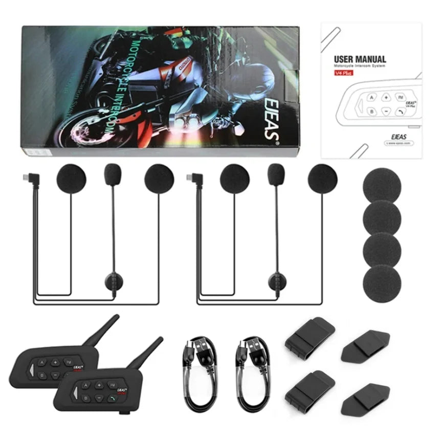 EJEAS Type-C V4 Plus Motorcycle Helmet Interphone Bluetooth 5.1 4-Way 1200M Intercom Headset FM Radio IP65 Waterproof