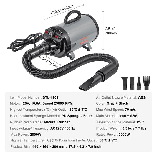 2000W/2.7HP Dog Blow Dryer Adjustable Speed Temperature Control with 4 Nozzle and Extendable Hose for Pet Hair Grooming