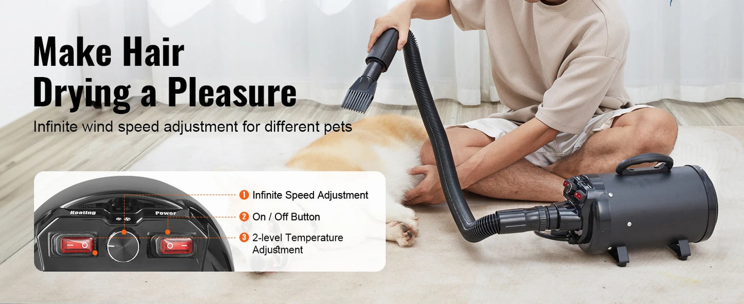 2000W/2.7HP Dog Blow Dryer Adjustable Speed Temperature Control with 4 Nozzle and Extendable Hose for Pet Hair Grooming