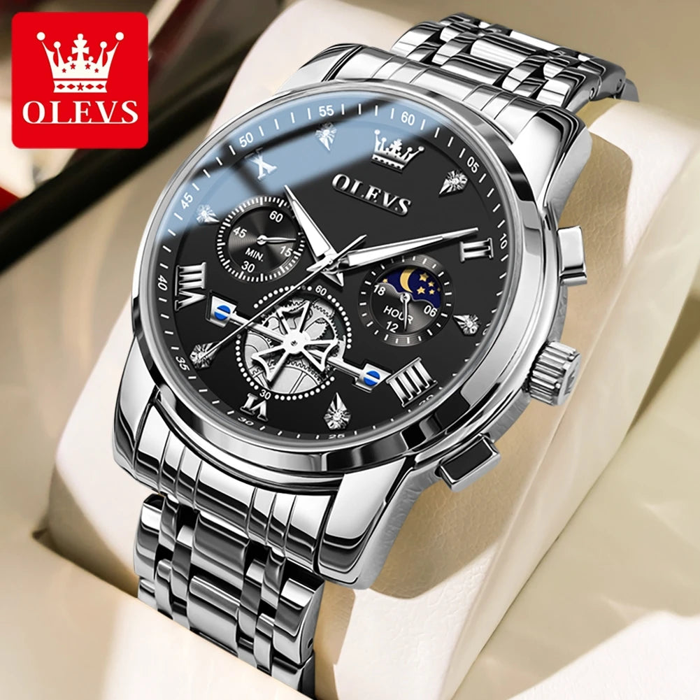 2856 Quartz Watch for Men Flywheel Skeleton Chronograph Moon Phase Multifunctional Stainless steel Men's Wristwatches
