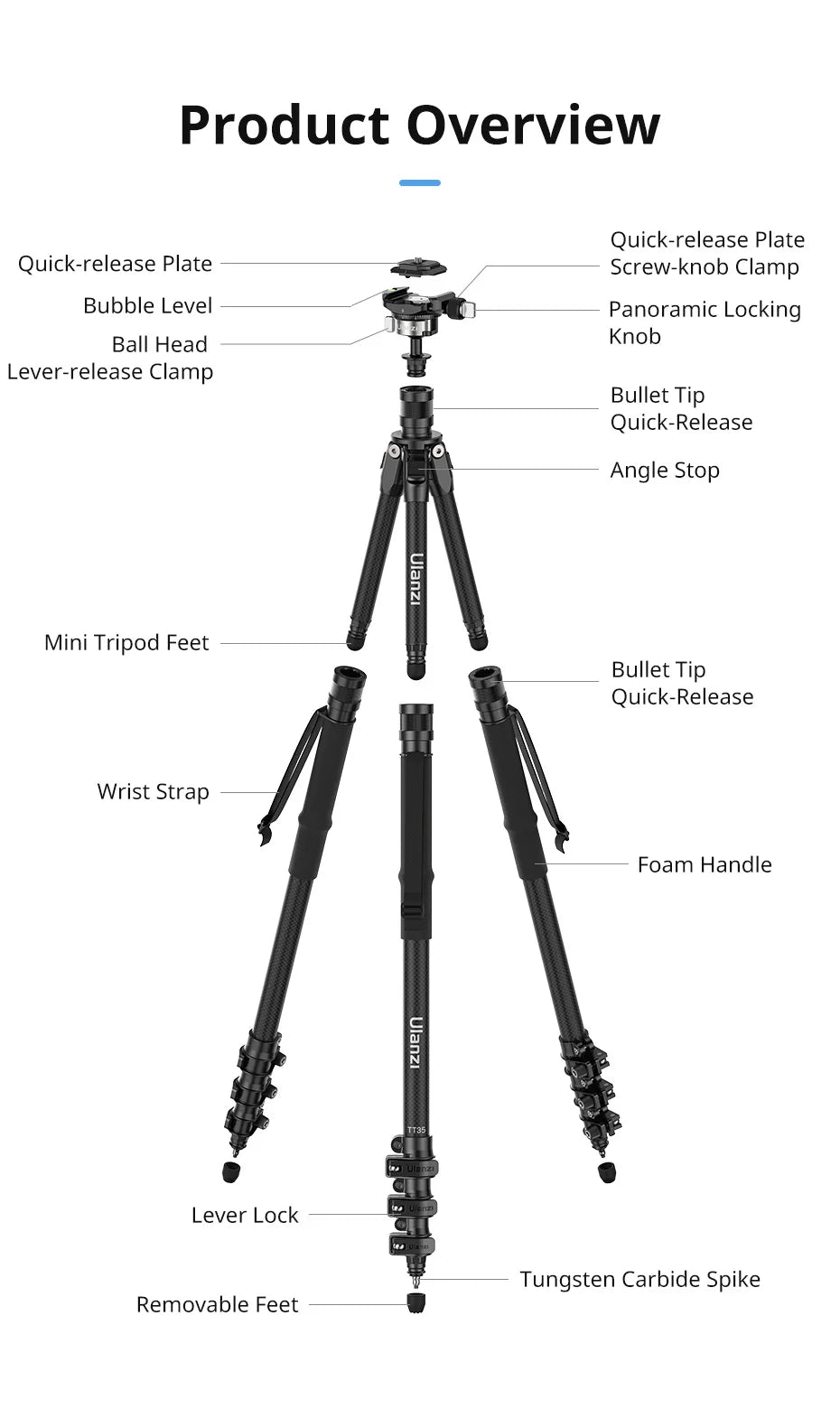 Ulanzi TT35 Hiking Stick Tripod Kit Quick Release Trekking Pole Monopod Selfie Stick Mini Tripod for Hiking Travel Outdoor Shoot