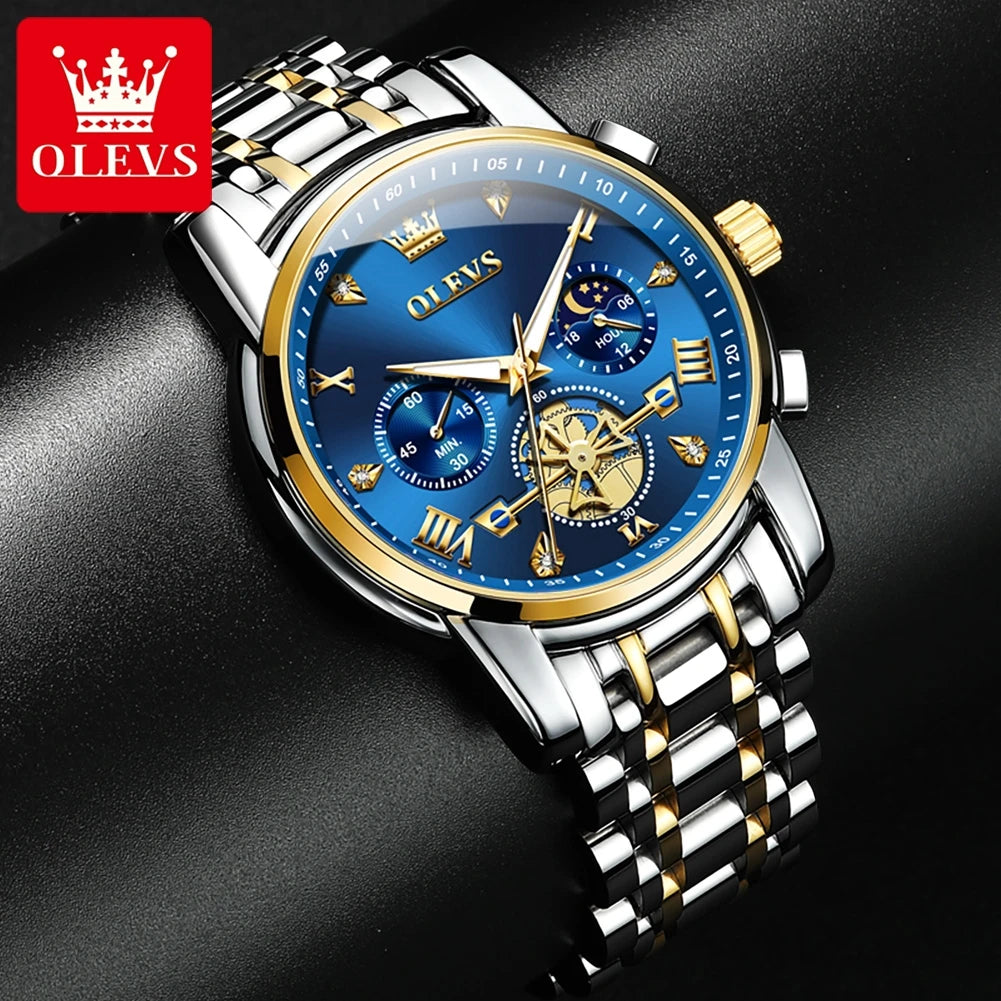 2856 Quartz Watch for Men Flywheel Skeleton Chronograph Moon Phase Multifunctional Stainless steel Men's Wristwatches