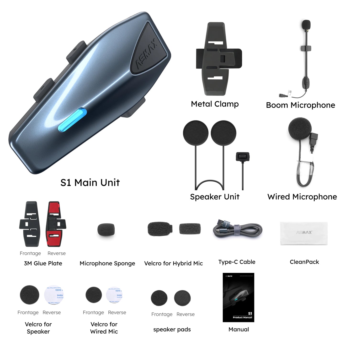 Blue S1 Motorcycle Intercom Helmet Mesh Group Communication, Voice Control Bluetooth Headset for Snowmobile, Ski & ATV