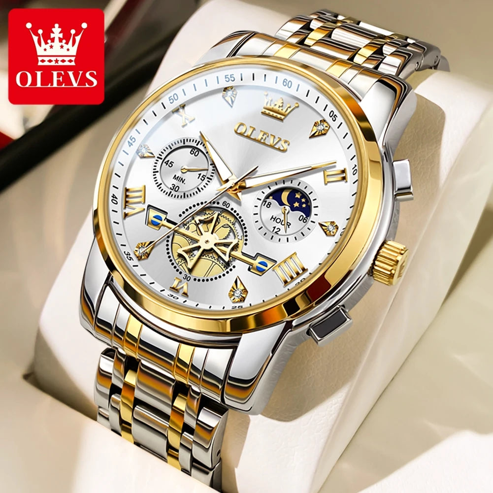 2856 Quartz Watch for Men Flywheel Skeleton Chronograph Moon Phase Multifunctional Stainless steel Men's Wristwatches