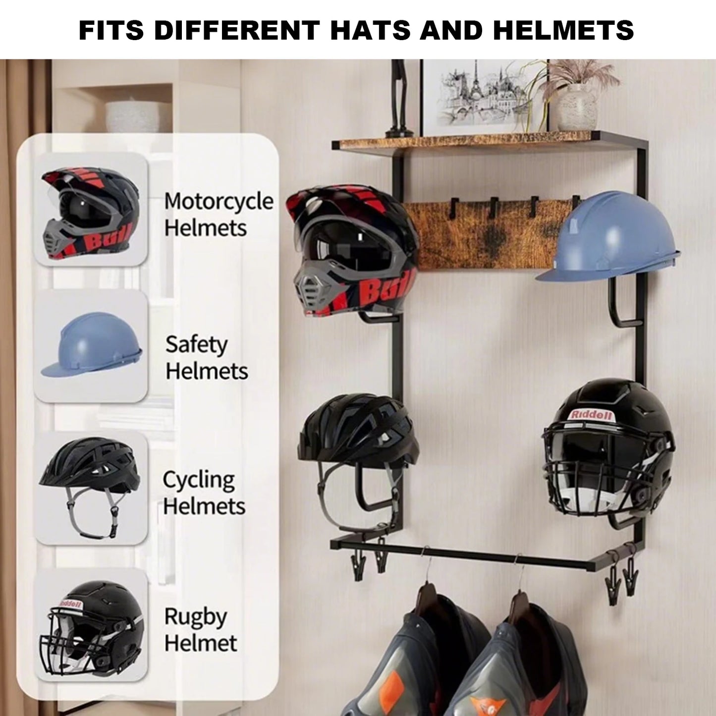 Motorcycle Helmet Holder, Wall-Mounted Rack With 4 Glove Chips & Hooks, Bike Helmets Storage Organizer For Helmets Gear Clothes