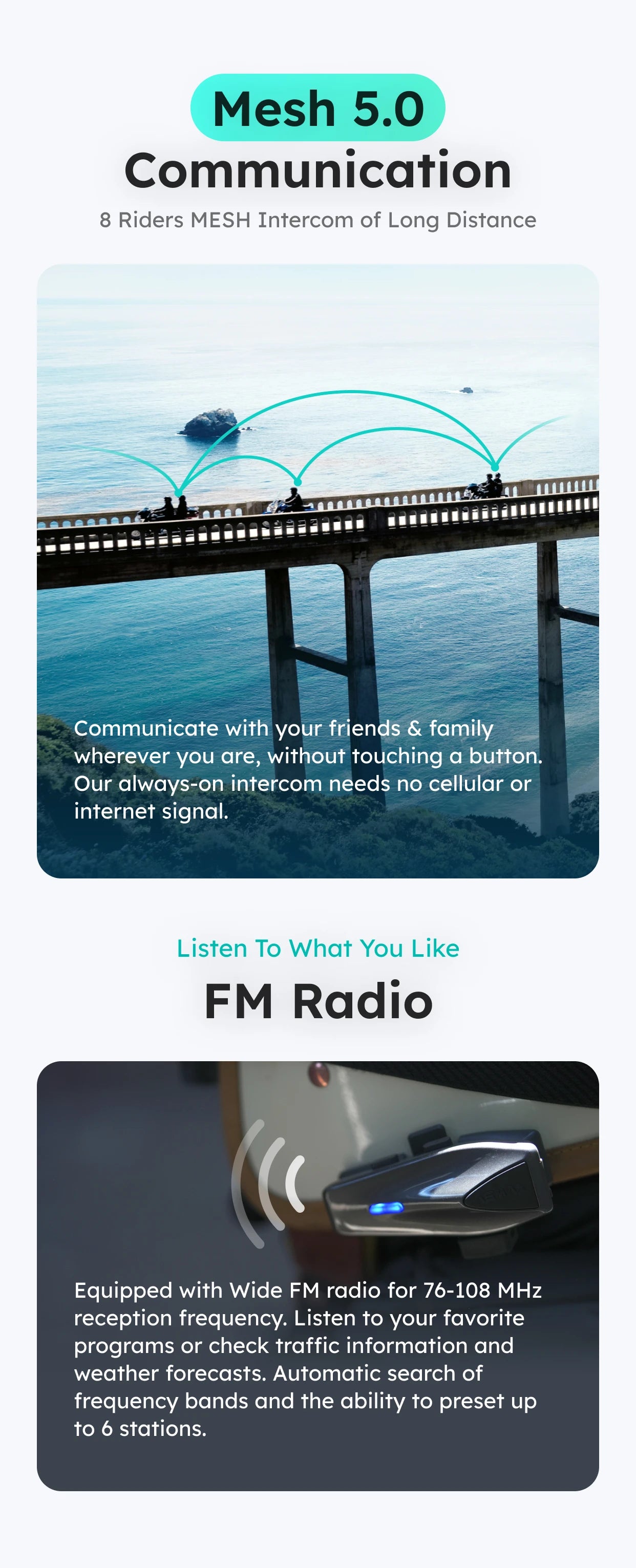 S1 Helmet Bluetooth Headset Voice Control Motorcycle Communication Systems 8 Riders Helmet Intercom with FM Radio ENC/IPX7