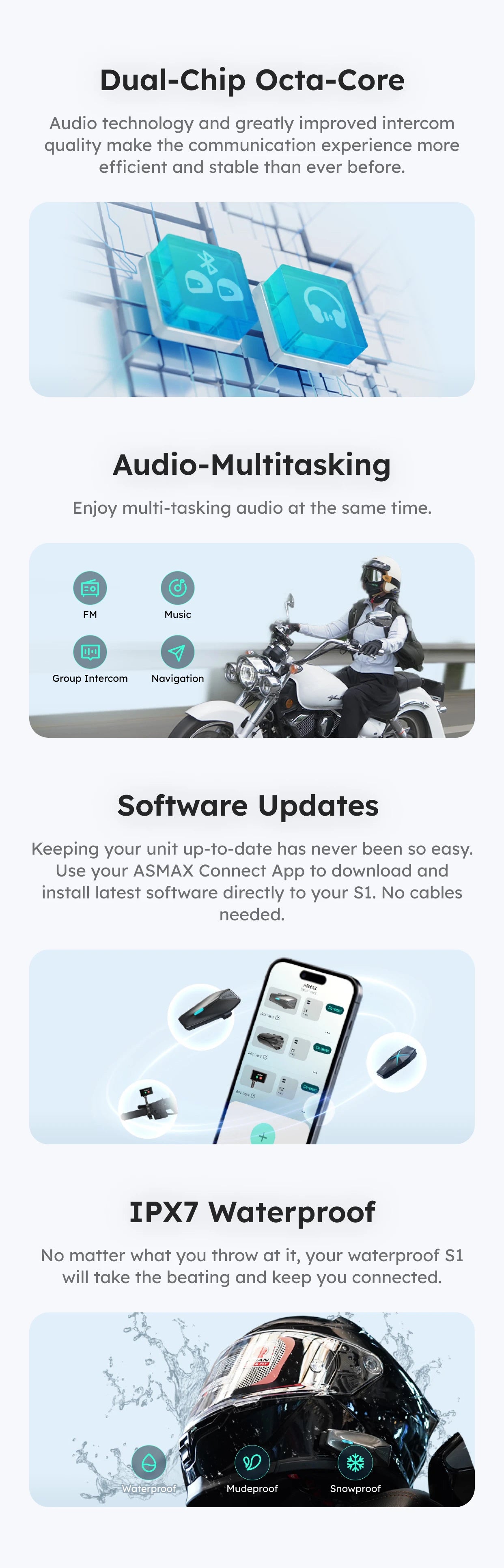 S1 Helmet Bluetooth Headset Voice Control Motorcycle Communication Systems 8 Riders Helmet Intercom with FM Radio ENC/IPX7