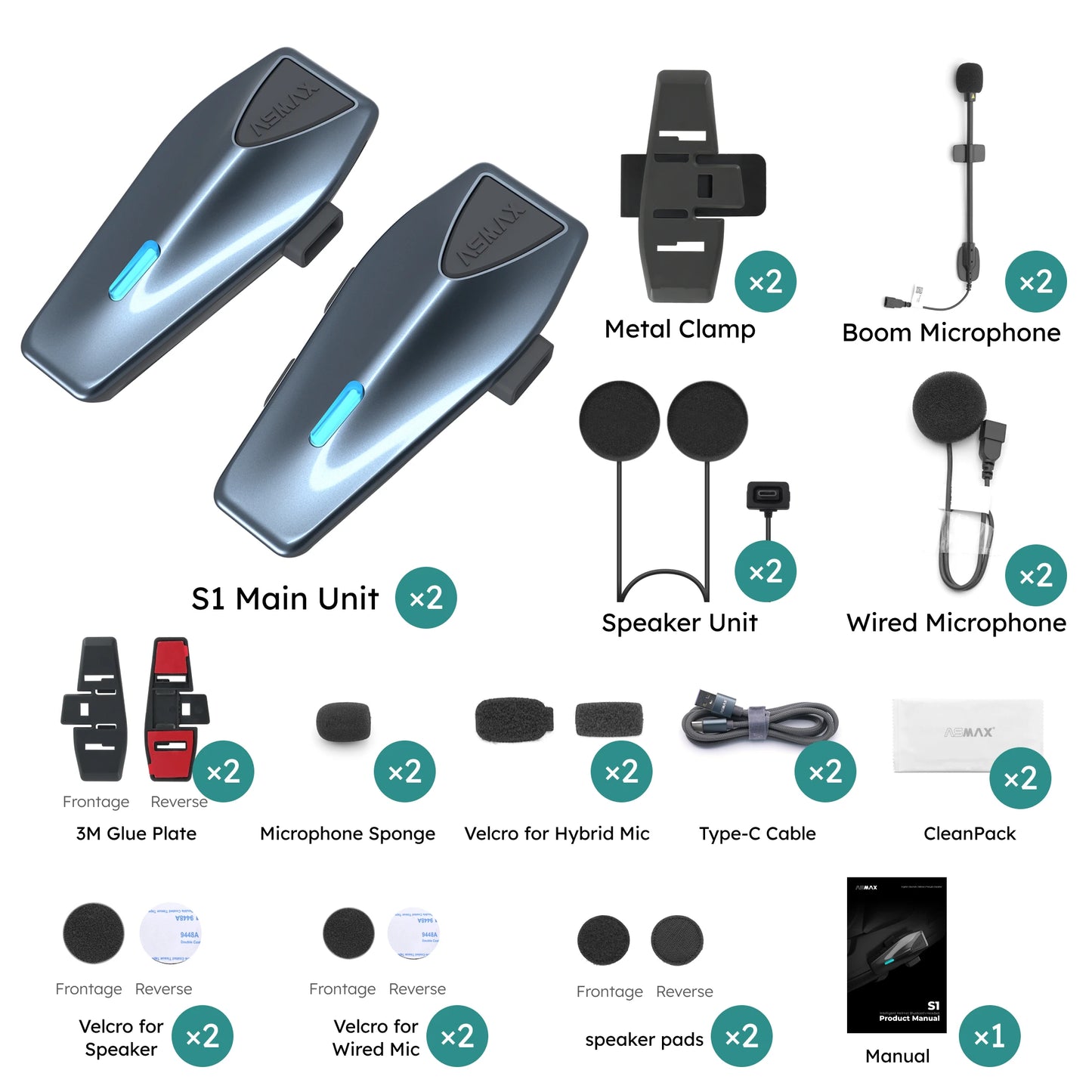 Blue S1 Motorcycle Intercom Helmet Mesh Group Communication, Voice Control Bluetooth Headset for Snowmobile, Ski & ATV